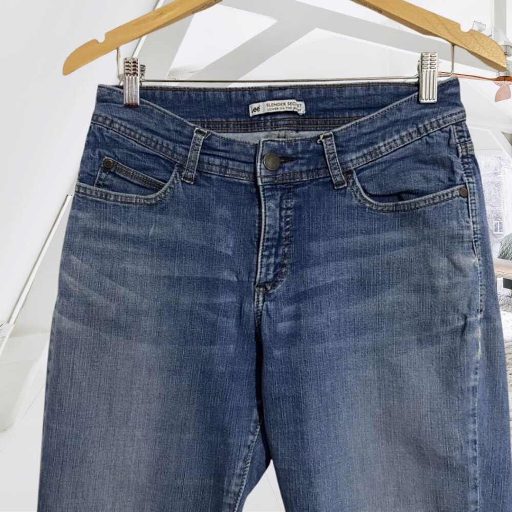 Lee Slender Secret Y2K Flap Pocket Jeans Classic Blue Denim Distressed Hem 28W - Picture 4 of 7